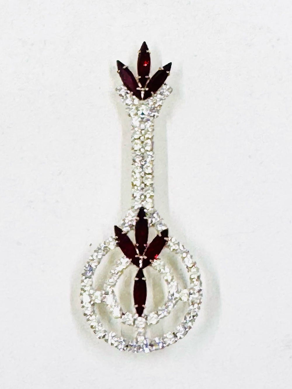 Vintage Silver Tone Deep Red & Clear Swarovski Rhinestone Brooch 3”X1.25”